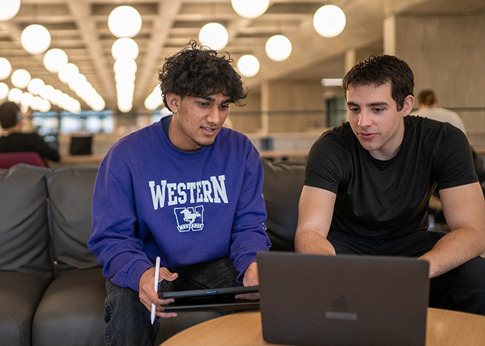 Two students working on a laptop in the library.